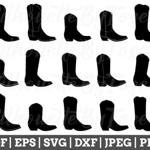 Könnte beinhalten: Ein Satz mit 12 schwarzen Silhouette-Bildern von Cowboystiefeln. Die Stiefel sind alle im klassischen Western-Stil mit spitzer Zehenpartie und hohem Absatz.