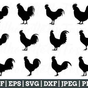 May include: A set of ten black silhouette images of roosters. Each rooster is facing forward with its tail feathers spread out.