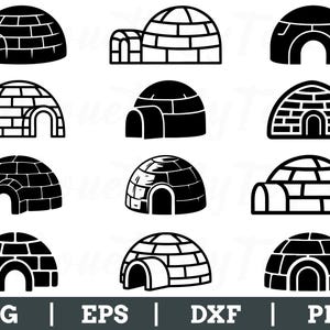Può includere: Una collezione di illustrazioni di igloo in bianco e nero. Ogni igloo ha una forma a cupola arrotondata con un ingresso rettangolare. L'immagine include il testo "SVG | EPS | DXF | PNG" in basso.