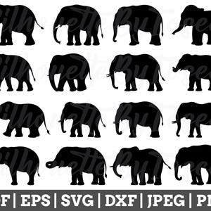 May include: A set of 15 black silhouette images of elephants in various poses. The elephants are all facing forward and have their trunks raised. The images are ideal for use in crafts, scrapbooking, or digital design.