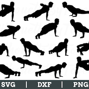 Può includere: Un set di dieci immagini di silhouette nere di persone che fanno flessioni. Le immagini sono in varie pose, con alcune persone che guardano in avanti e altre che guardano di lato. Tutte le immagini sono in uno stile semplice e minimalista.