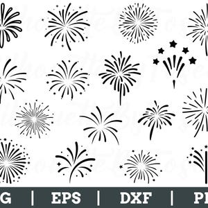 Peut inclure: Plusieurs illustrations de feux d'artifice noirs et blancs de différents modèles. L'image comprend différents styles de feux d'artifice éclatants, certains avec des accents d'étoiles. Le bas de l'image affiche les types de fichiers : SVG, EPS, DXF et PNG.