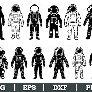 Pode incluir: Ilustrações de astronautas em preto e branco. Os astronautas são retratados em várias poses e estilos, com capacetes e fatos espaciais detalhados. A imagem inclui os rótulos de tipo de arquivo: SVG, EPS, DXF e PNG.