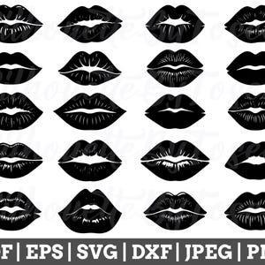 以下が含まれることがあります： 黒と白の唇の輪郭のSVGカットファイル16個セット。唇は様々な形とサイズで、一部は他の唇よりもはっきりとしたキューピッドの弓を持っています。