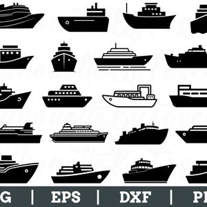Pode incluir: Uma coleção de ilustrações de barcos em preto e branco. A imagem apresenta vários designs de navios, incluindo navios de cruzeiro, navios de carga e embarcações menores. A parte inferior da imagem exibe o texto "SVG | EPS | DXF | PNG".