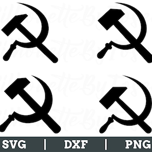 Puede incluir: Cuatro imágenes en silueta negra y blanca de un martillo y una hoz, símbolo del comunismo.