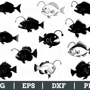 May include: A collection of anglerfish illustrations in black and white. The fish have large mouths with sharp teeth and a bioluminescent lure. The image includes the text "SVG | EPS | DXF | PNG".