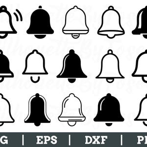 Puede incluir: Una colección de iconos de campana en blanco y negro, con diseños rellenos y delineados. Algunas campanas tienen símbolos de ondas de sonido. Los tipos de archivo SVG, EPS, DXF y PNG se enumeran en la parte inferior.