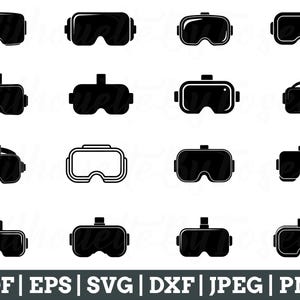May include: A set of 12 black and white vector illustrations of different styles of virtual reality goggles. The goggles are all in a simple, flat style.