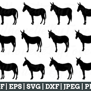 Puede incluir: Una colección de doce siluetas negras de burros en varias poses, sobre un fondo blanco. La imagen incluye etiquetas de formato de archivo: PDF, EPS, SVG, DXF, JPEG y PNG.