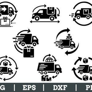 May include: A collection of black and white delivery icons featuring trucks, vans, and boxes. The icons are surrounded by arrows, suggesting movement and shipping. The bottom of the image displays the text "SVG | EPS | DXF | PNG".