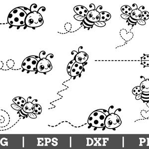 Könnte beinhalten: Eine Sammlung von schwarz-weißen digitalen Illustrationen mit verschiedenen Marienkäfern und Bienen sowie gepunkteten Flugbahnen. Einige Insekten fliegen mit ausgebreiteten Flügeln, andere krabbeln. Der Text SVG, EPS, DXF, PNG steht unten.