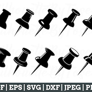 May include: A set of ten black push pins, each with a rounded head and a sharp point. The push pins are arranged in two rows of five, with the heads facing up.