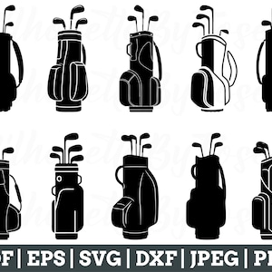 May include: Set of ten black and white silhouette golf bag designs. Each bag has a different style of golf club sticking out of the top.