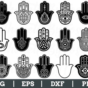 Peut inclure: Plusieurs motifs de mains de Hamsa en noir et blanc, chacun avec des motifs et des détails complexes. Certains présentent un symbole d'œil, tandis que d'autres présentent des motifs floraux ou géométriques. L'image comprend des étiquettes de type de fichier : SVG, EPS, DXF et PNG.
