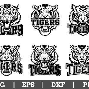 Könnte beinhalten: Eine Sammlung von sechs schwarz-weißen grafischen Illustrationen mit Tigerköpfen mit gefletschten Zähnen und dem Wort TIGERS in einer fetten Blockschrift. Die Designs sind in einem Raster mit den Dateiformaten SVG, EPS, DXF und PNG angeordnet.