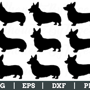 May include: Nine black silhouette images of a Corgi dog in various poses. The image includes the file type options: SVG, EPS, DXF, and PNG. The Corgi silhouettes are on a white background.