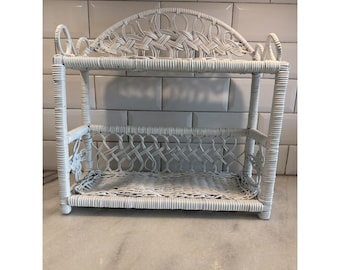 Vintage white wicker shelf  hanging or sit 2 tier bath BOHO ES009
