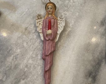 Vintage Porcelain Ceramic Christmas Icicle Pink Angel Ornament