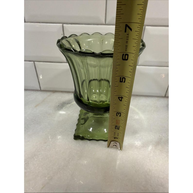 Hazel-Atlas Avocado Green Footed Vase ATC50 Fluted Pedestal 5.75" ES051 image 7