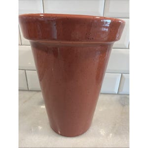 May include: A terracotta-colored ceramic planter with a wide, flared rim and a tapered body. The surface features a subtle speckled texture throughout, with a smooth, glossy finish that reflects light across its rounded, conical shape.