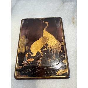 Vintage Lacquered Foldable Mirror With Cranes Japanese Inspired