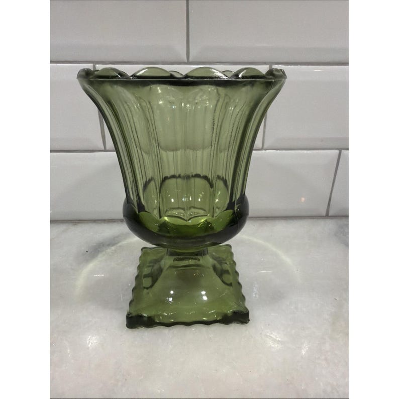 Hazel-Atlas Avocado Green Footed Vase ATC50 Fluted Pedestal 5.75" ES051 image 1