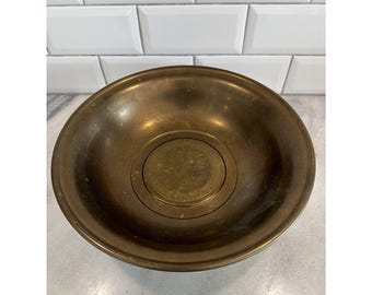 Vintage Footed Brass Bowl Etched Happiness Symbol 11 3/4" x 3" ES0001