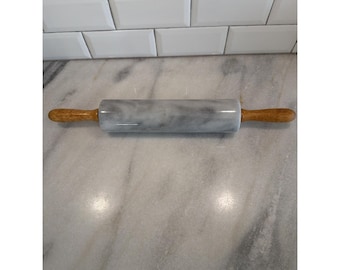 Vintage  18" Long Marble Rolling Pin With Wood Handle White Gray