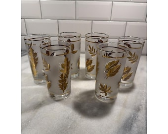 Set Of 6 Gold Leaf LIBBEY Hollywood Regency 22k Gold Frosted Glasses 12 ozGW0021