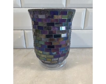 Stunning Vtg Iridescent Purple Glass MOSAIC HURRICANE LAMP/candle Holder GW993