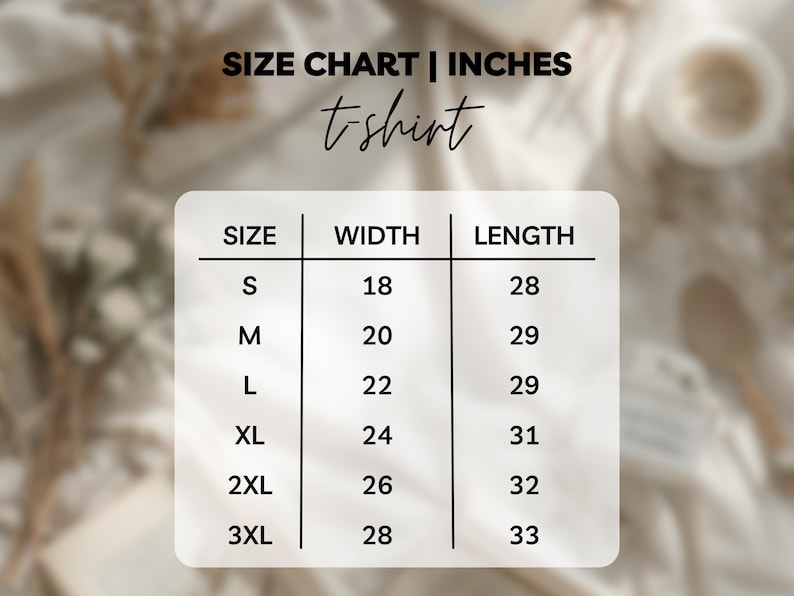 Puede incluir: Tabla de tallas de camisetas en pulgadas. Las tallas van de S a 3XL, con anchos de 45.7 cm a 71.1 cm y largos de 71.1 cm a 83.8 cm. La tabla est&aacute; sobre un fondo blanco.