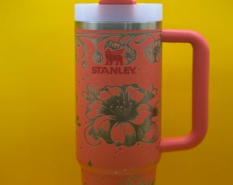 Laser Engraved Floral Stanley Tumbler - Hot Coral 40oz Quencher