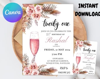 May include: A twenty-first birthday invitation with a champagne glass illustration, floral accents, and the text "twenty one." The invitation includes event details and RSVP information. The words "Instant Download" are also visible.