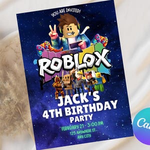 May include: A birthday party invitation featuring the Roblox logo and characters against a starry blue background. The invitation reads "YOU ARE INVITED!" and announces "JACK'S 4TH BIRTHDAY PARTY" with date, time, and location details.