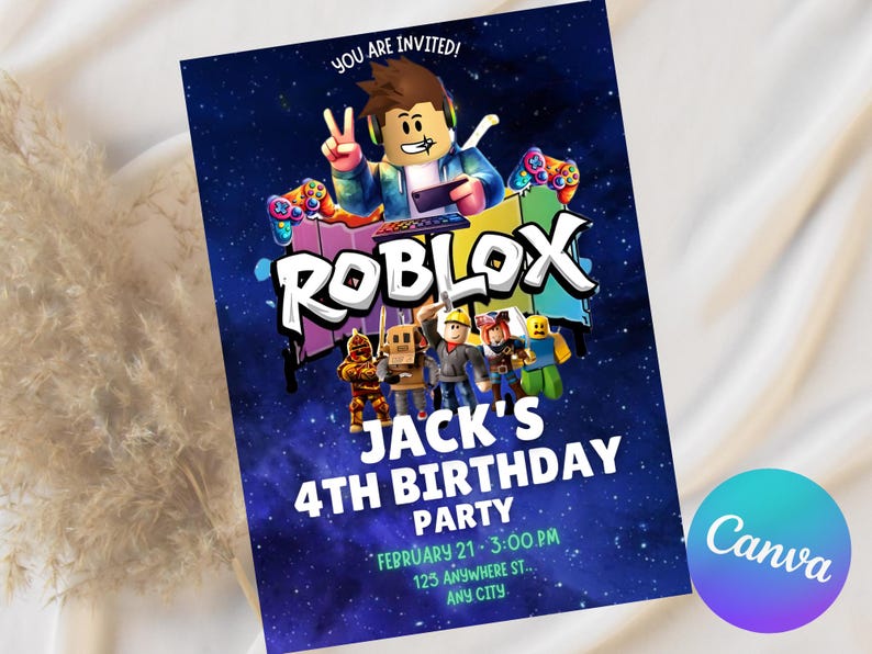 May include: A birthday party invitation featuring the Roblox logo and characters against a starry blue background. The invitation reads "YOU ARE INVITED!" and announces "JACK'S 4TH BIRTHDAY PARTY" with date, time, and location details.