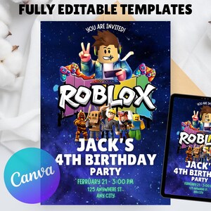 May include: A digital invitation for a Roblox-themed 4th birthday party. The design features the Roblox logo, characters, and party details against a starry blue background. A tablet displays the same invitation.