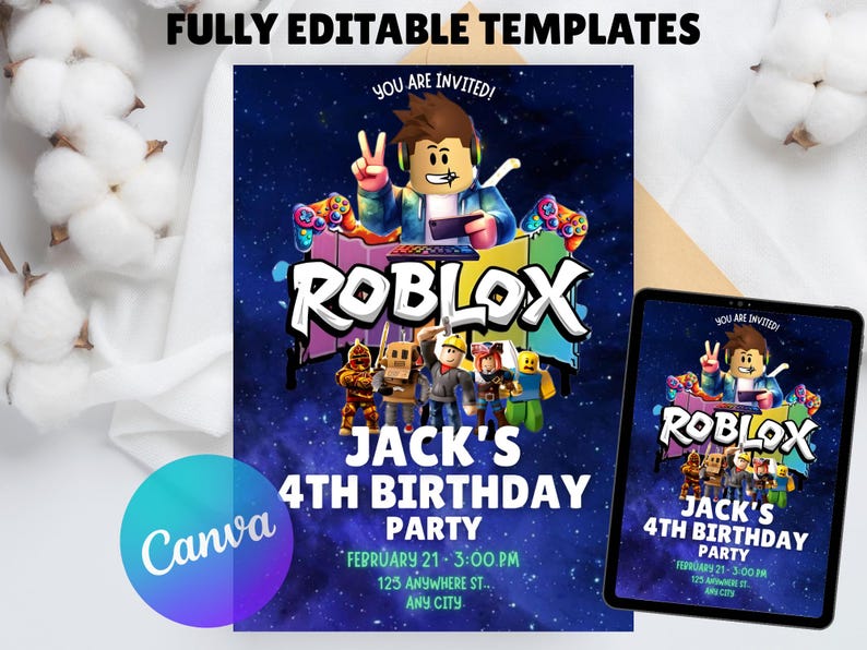 May include: A digital invitation for a Roblox-themed 4th birthday party. The design features the Roblox logo, characters, and party details against a starry blue background. A tablet displays the same invitation.