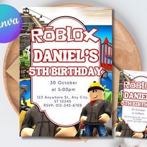 May include: A Roblox-themed birthday invitation featuring the game's logo and a cartoon character. The invitation includes the text "DANIEL'S 5TH BIRTHDAY" with date, time, and RSVP information. A smaller version of the invitation is also present.