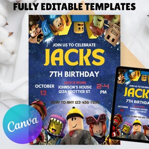 May include: A birthday invitation template with the text "JOIN US TO CELEBRATE JACKS 7TH BIRTHDAY". The invitation features cartoon characters and the date October 12. A tablet displays the same invitation. The Canva logo is visible.