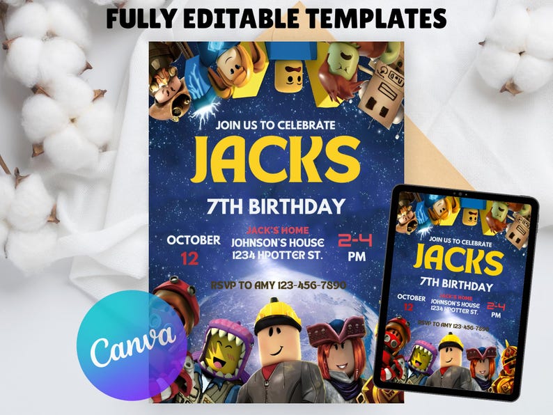 May include: A birthday invitation template with the text "JOIN US TO CELEBRATE JACKS 7TH BIRTHDAY". The invitation features cartoon characters and the date October 12. A tablet displays the same invitation. The Canva logo is visible.