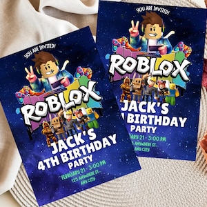 May include: Two Roblox-themed birthday party invitations. Each invitation features a Roblox character with the text "YOU ARE INVITED!" and "JACK'S 4TH BIRTHDAY PARTY". The background is a dark blue with white stars.