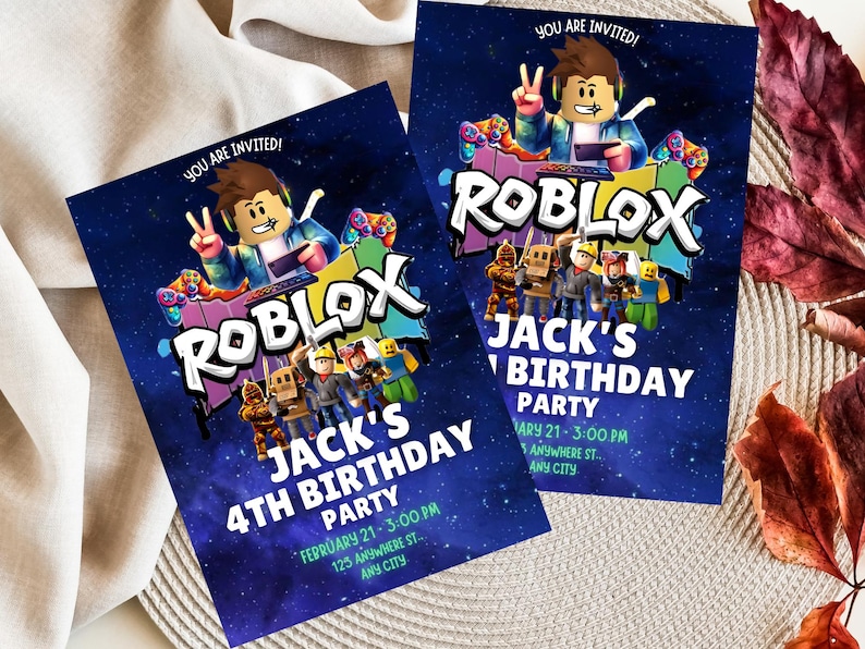 May include: Two Roblox-themed birthday party invitations. Each invitation features a Roblox character with the text "YOU ARE INVITED!" and "JACK'S 4TH BIRTHDAY PARTY". The background is a dark blue with white stars.