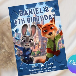 May include: A blue birthday invitation featuring Judy Hopps and Nick Wilde from Zootopia. The invitation reads "Daniel's 6th Birthday" with event details. The Canva logo is in the bottom right corner.