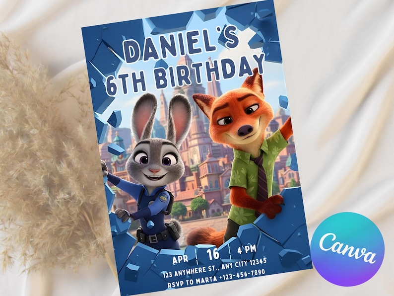 May include: A blue birthday invitation featuring Judy Hopps and Nick Wilde from Zootopia. The invitation reads "Daniel's 6th Birthday" with event details. The Canva logo is in the bottom right corner.