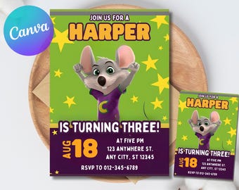 Bewerkbare Chuck E Cheese verjaardagsuitnodigingssjabloon | Chuck Evite, afdrukbare Chuck Cheese-feestuitnodiging, bewerkbaar op canvas, direct downloaden