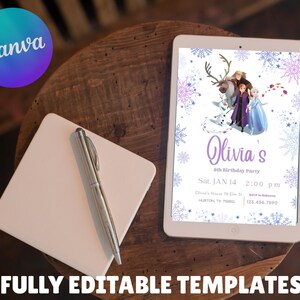 May include: A digital invitation on a tablet for Olivia's 6th birthday party, featuring characters from a popular animated film. The tablet rests on a wooden surface, accompanied by a notepad, pen, and a Canva logo.