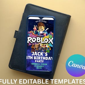 May include: A smartphone displays a Roblox-themed birthday party invitation. The invitation features a Roblox character with the text "Jack's 11th Birthday Party." The phone rests on a dark blue leather-like case, with a Canva logo in the corner. The words "FULLY EDITABLE TEMPLATES" are at the bottom.