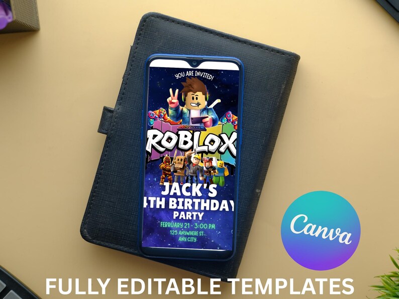 May include: A smartphone displays a Roblox-themed birthday party invitation. The invitation features a Roblox character with the text "Jack's 11th Birthday Party." The phone rests on a dark blue leather-like case, with a Canva logo in the corner. The words "FULLY EDITABLE TEMPLATES" are at the bottom.