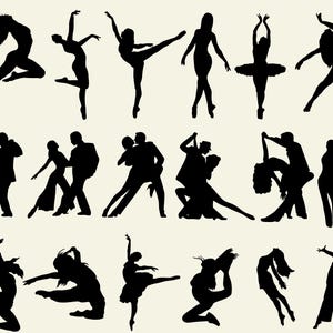 Könnte beinhalten: Eine Sammlung schwarzer Silhouetten von Tänzern und Paaren in verschiedenen Posen. Die Tänzer werden in dynamischen Positionen gezeigt, darunter Sprünge, Streckungen und Balletthaltungen. Paare werden in romantischen Tanzumarmungen dargestellt.